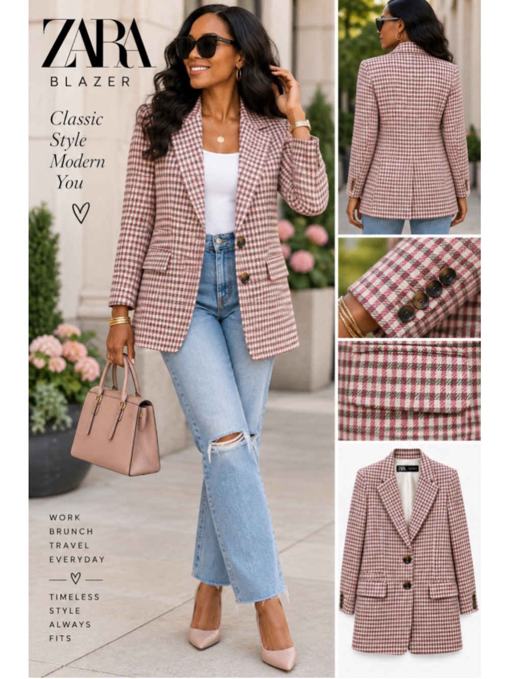 ZARA Women’s XS Pink Green Plaid Longline Blazer Tailored Jacket